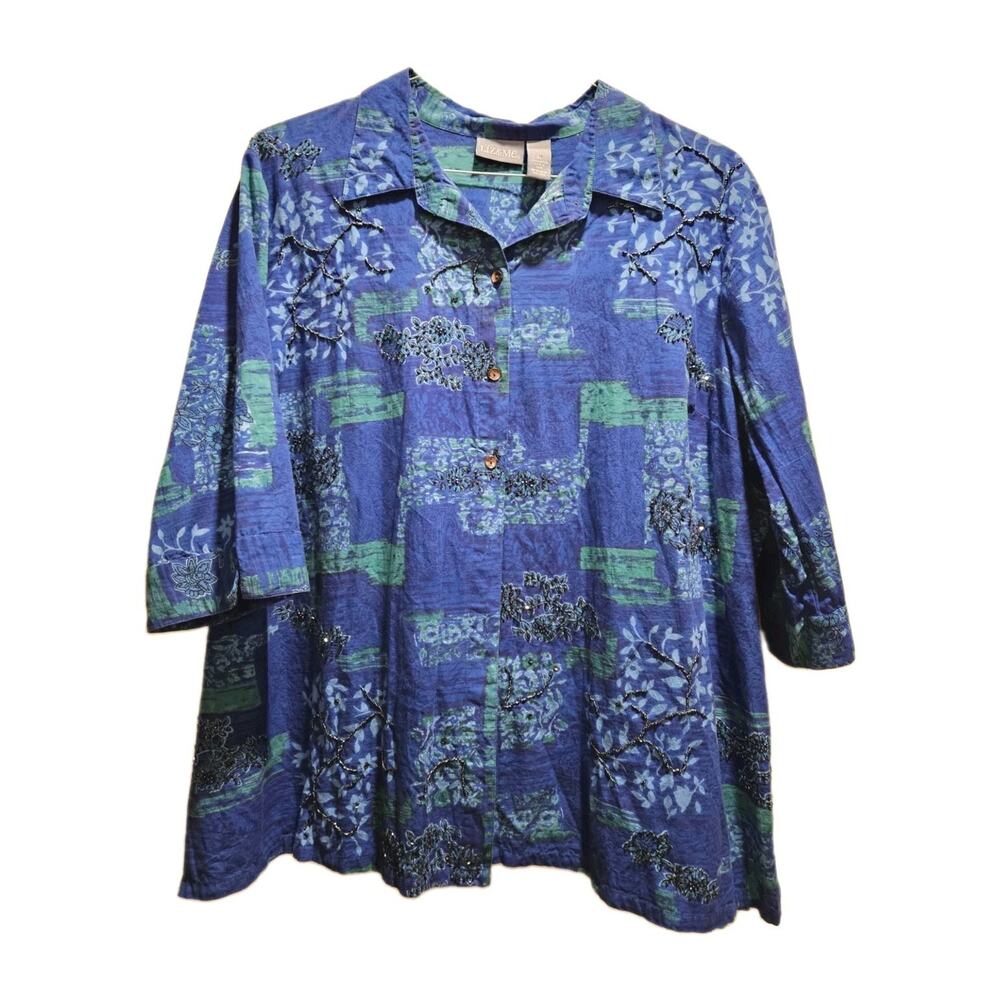 Liz & Me Blue Embroidered Beaded Top 3/4 Sleeve Button Blue Blouse Sz 3X Blouse